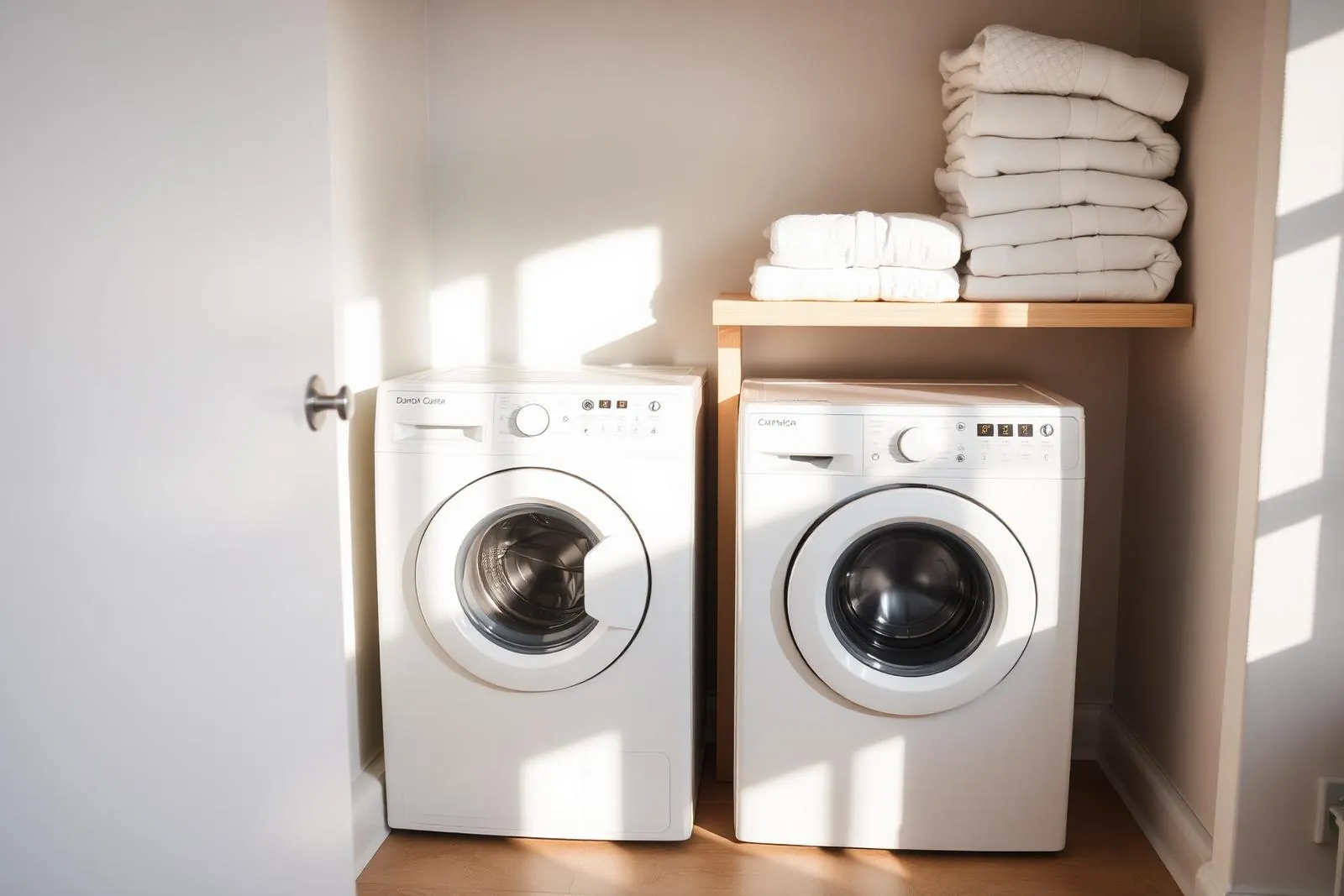 Imagem fictícia da lavandaria: máquinas de lavar e secar com toalhas dobradas (laundry-placeholder, a substituir por fotografia real)