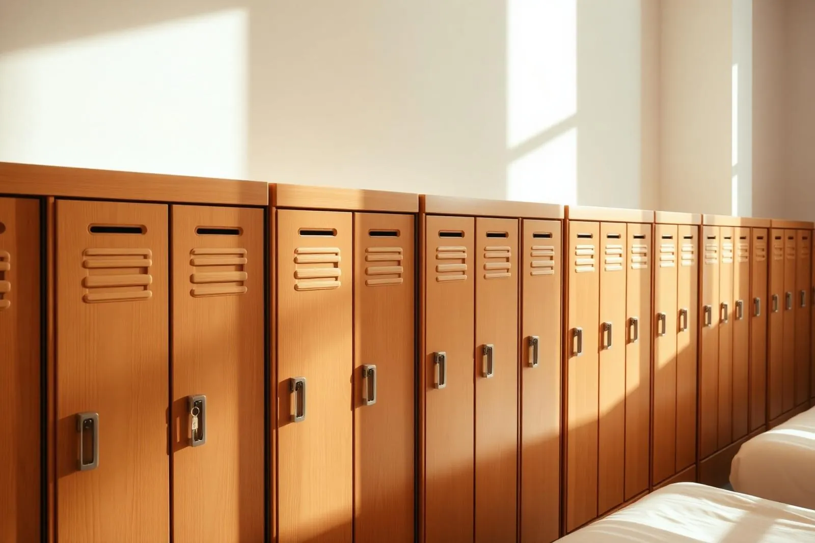 Imagem fictícia dos armários com fechadura de um dormitório (lockers-placeholder, a substituir por fotografia real)