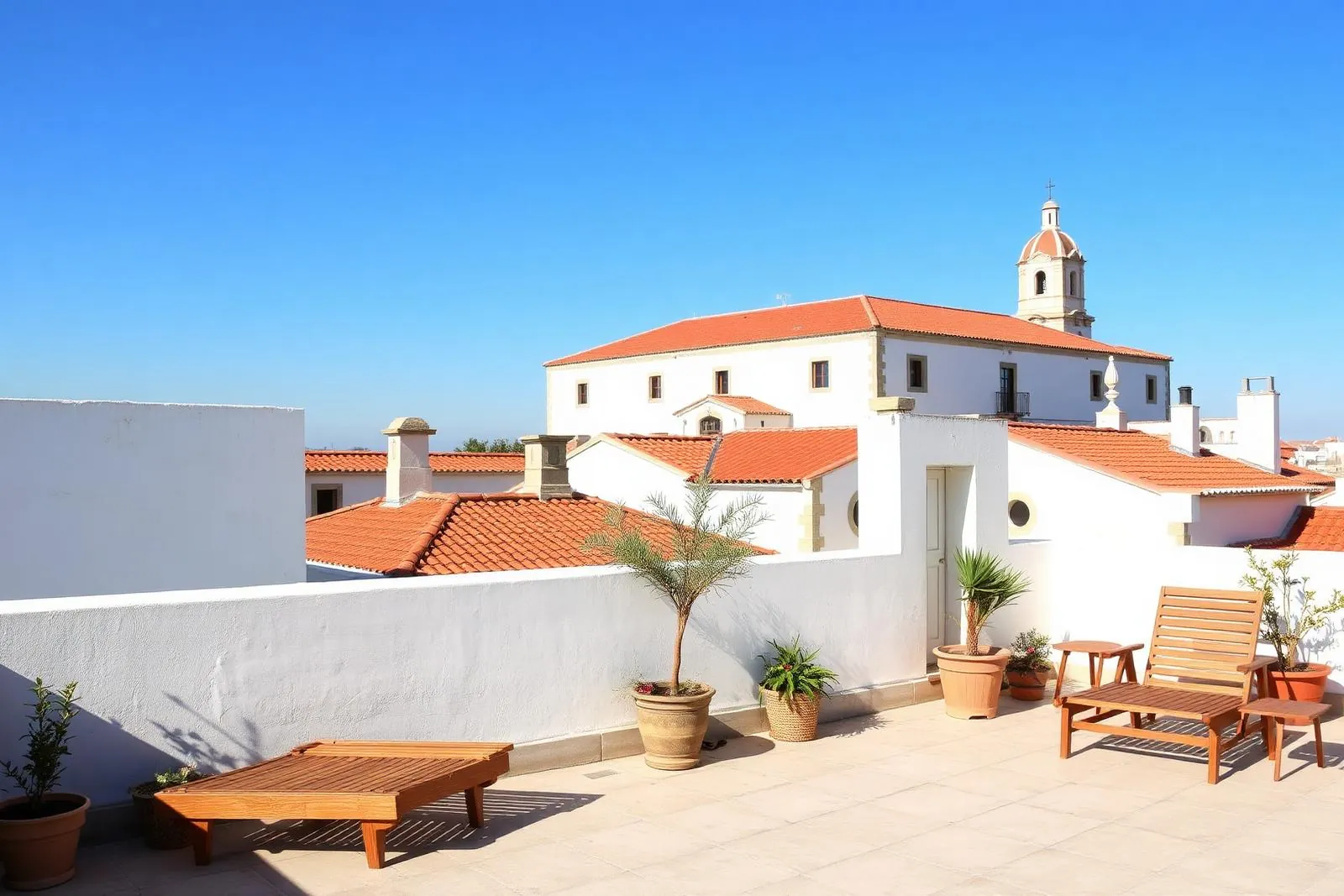 Imagem provisória do Rooftop do Madalena: terraço com espreguiçadeiras e vista sobre Faro (rooftop-placeholder, a substituir por fotografia real)
